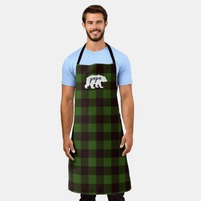 Tablier Pays Russe Papa Bear Green & Black Plaid (Porté)