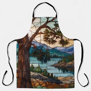 Tablier Paysage de montagne rustique vitrail 