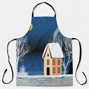 Tablier Paysage nocturne d'hiver. Maison cosy, divers arbr