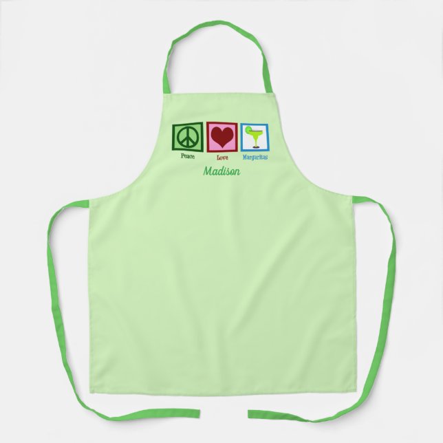 Tablier Peace Love Margaritas Cute Custom Green Bartender (Recto)