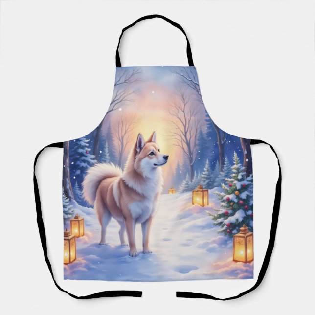 Tablier Peaceful Akita on Snow Lantern Path Christmas Dog  (Recto)