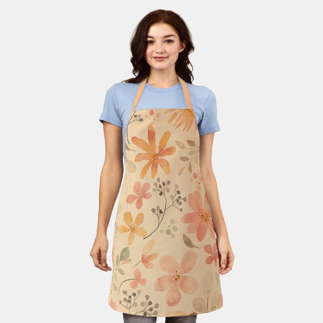 Tablier Peachy—motif floral rose doré (Porté)