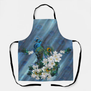 Tablier Peacocks bleu-vert métallique sur soie vert émerau