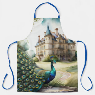 Tablier Peinture aquarellée de paon et de château
