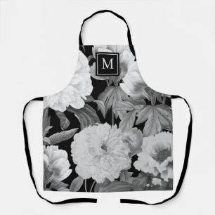 Tablier Peonies noires et blanches Aquarelle Monogramme fl