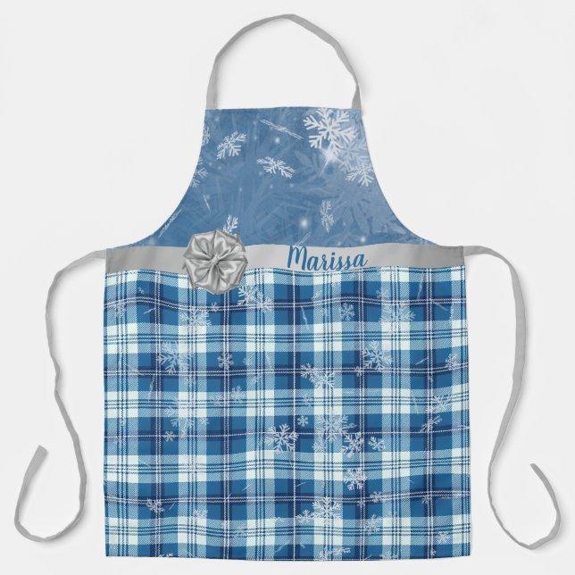 Tablier Personaliza Navidad Elegante Cuadriculado Azul  (Recto)