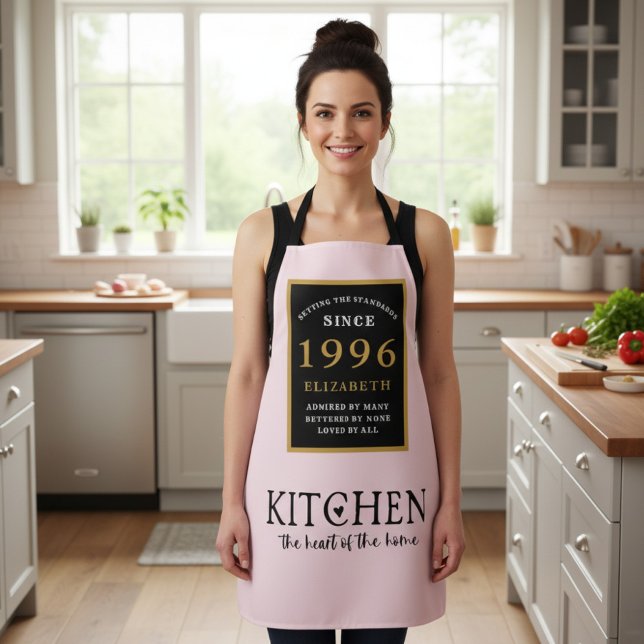 Tablier Personalized 30th Birthday Cook Chef Baker Pink (Born 1996 pink apron worn in a kitchen)