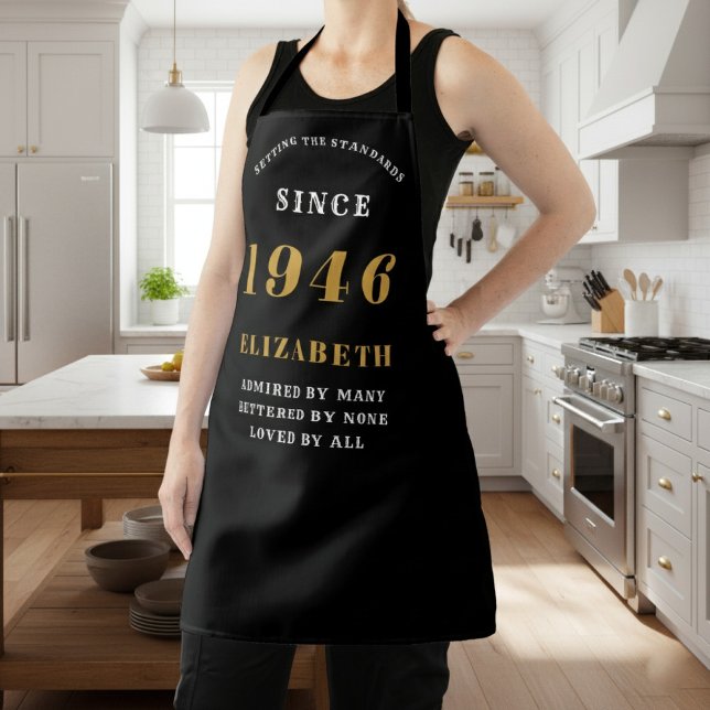Tablier Personalized 80th Birthday 1946 Black & Gold (1946 birthday apron in black and gold worn in a kitchen.)