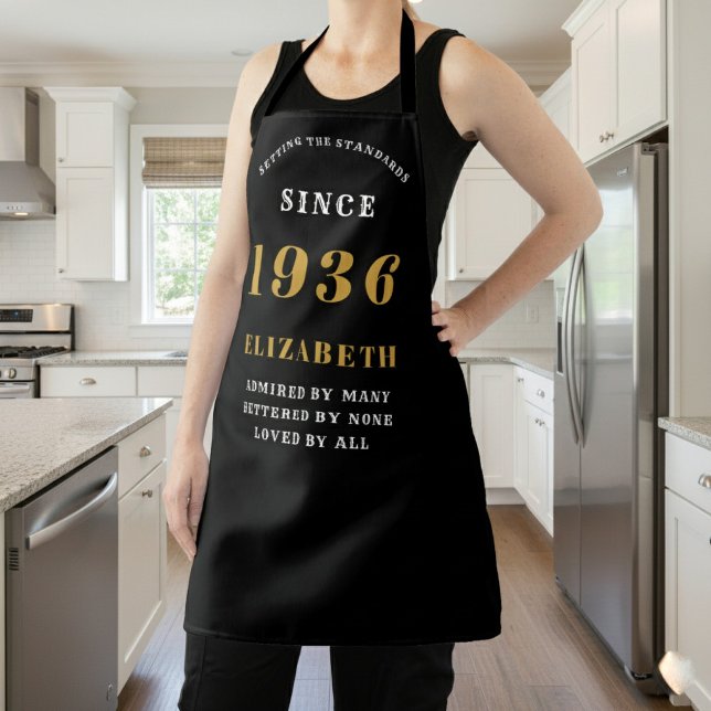 Tablier Personalized 90th Birthday 1936 Black & Gold (Apron born 1936 worn in a kitchen.)