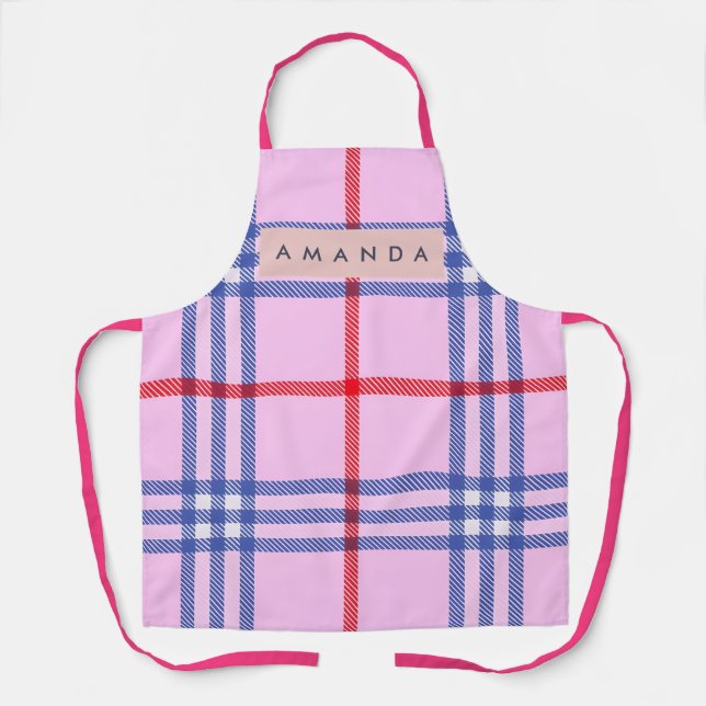 Tablier Personalized Pastel Pink Plaid with Red and Blue (Recto)