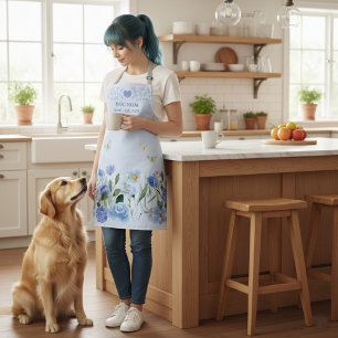 Tablier personnalisé bleu floral élégant pour mama
