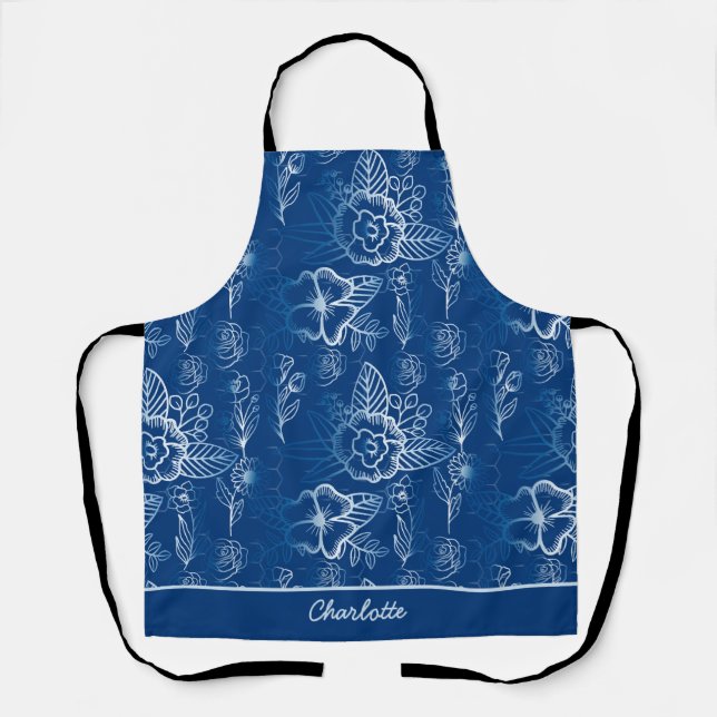 Tablier Personnalisé floral continu motif blanc - bleu (Recto)