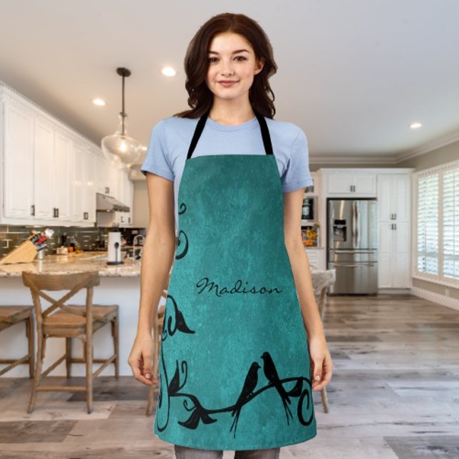 Tablier personnalisé Lovebirds turquoise (Teal Lovebirds Personalized Apron)