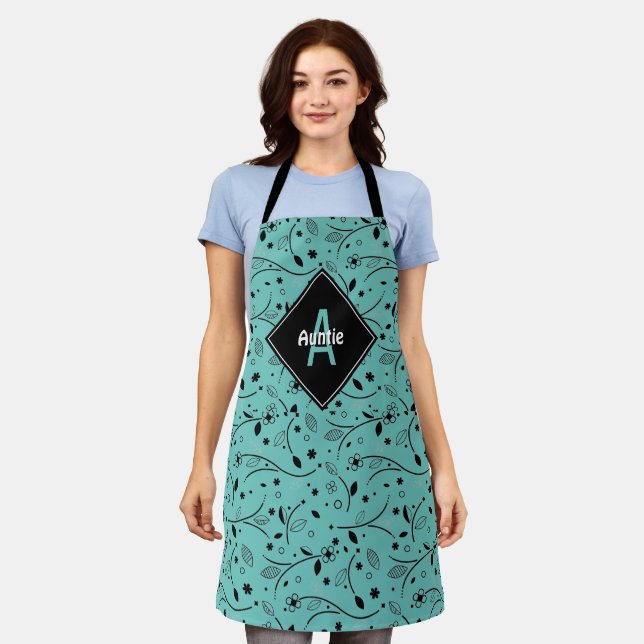 Tablier Personnalisé | Monogramme | TURQUOISE | Floral | A (Porté)