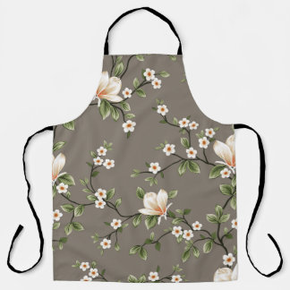 Tablier petites fleurs ramassées avec motif feuille vert o