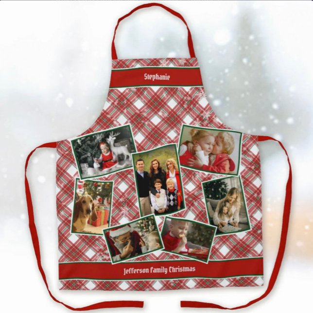 Tablier Photo de famille Collage et nom Noël Plaid Apro (Family Photo Collage and Name Christmas Plaid Apron)