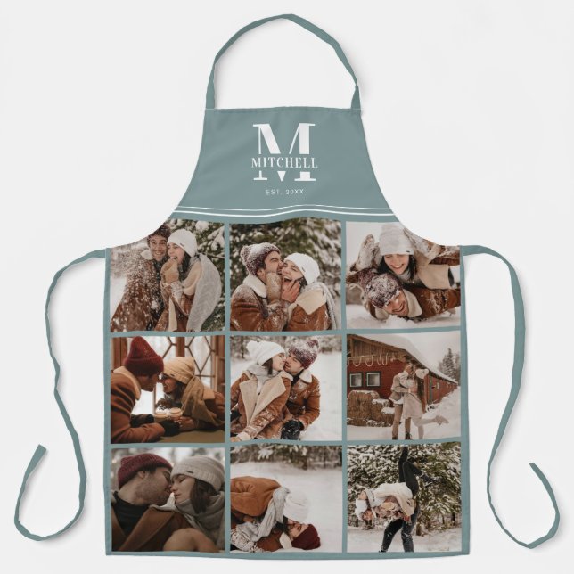 Tablier Photo de famille moderne Sage Green Collage | Mono (Recto)