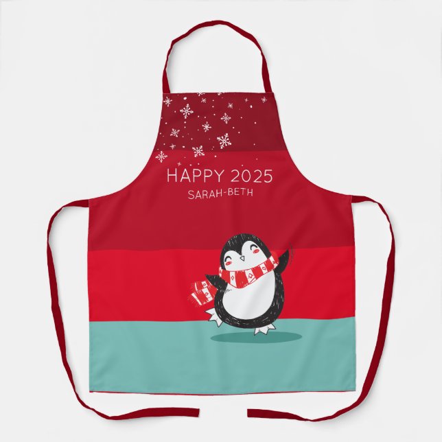 Tablier Pingouin Cute Personnalisé Happy 20XX Holiday Apro (Recto)