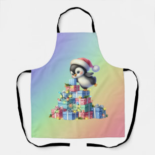 Tablier Pingouin de Noël mignon avec carte cadeau et lumiè