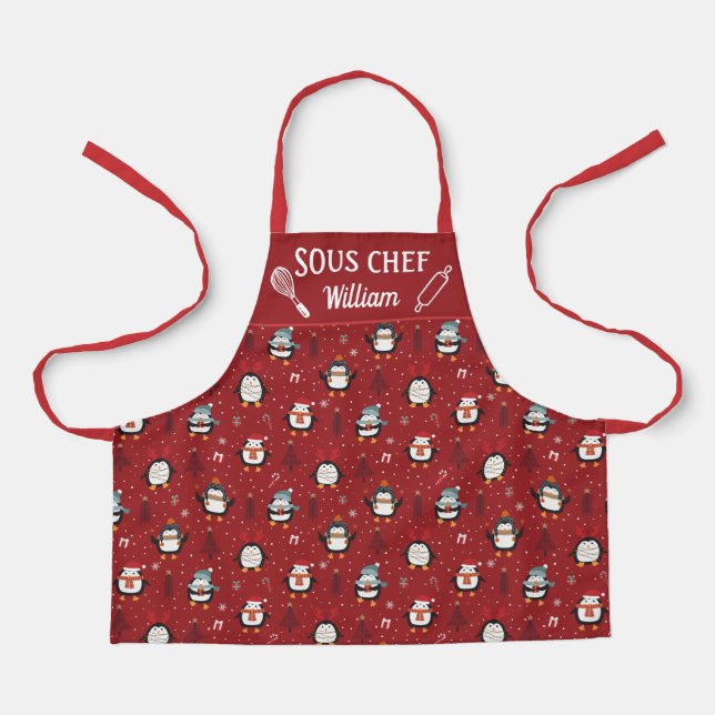Tablier Pingouins amusants noël arbres neige Sous chef (Recto)
