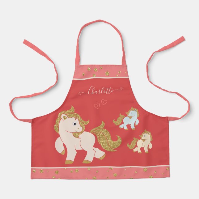 Tablier Pink Glitter Ponies with First Name Little Girl (Recto)