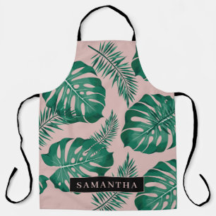 Tablier Pink & Green Palm Feuille Motif & nom