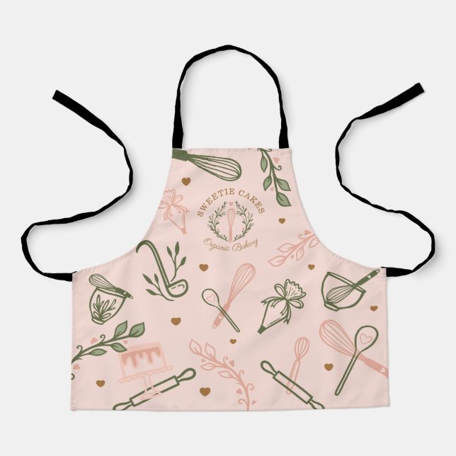 Tablier Pink & Olive Green Baking & Cuisine Ustensiles Bou (Recto)