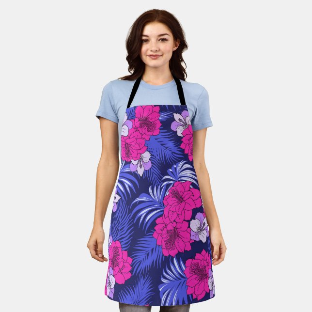 Tablier Pink & Purple Tropical - Un design hibiscus lumine (Porté)