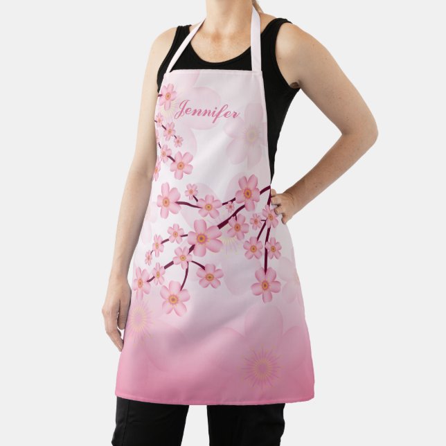 Tablier Pink Sakura Bloom Branches florales & Nom personna (Insitu)