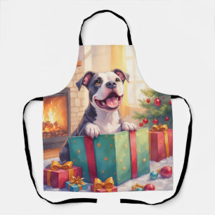 Tablier Pitbull joueur ouvrant des cadeaux de Noël pour le