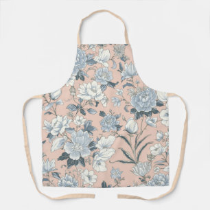 Tablier Pivoines bleues Pêche Floral Botanique Vintage