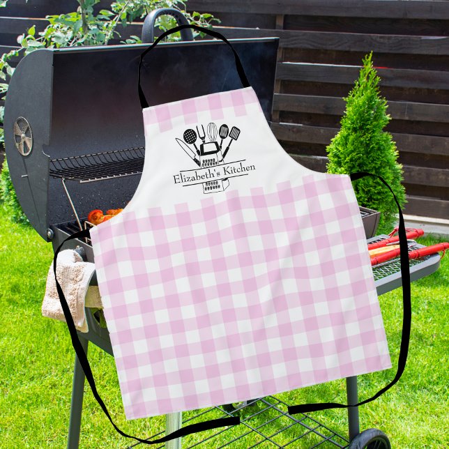 Tablier Plaid de buffle blanc et rose (Custom Text White and Pink Buffalo Plaid Apron)