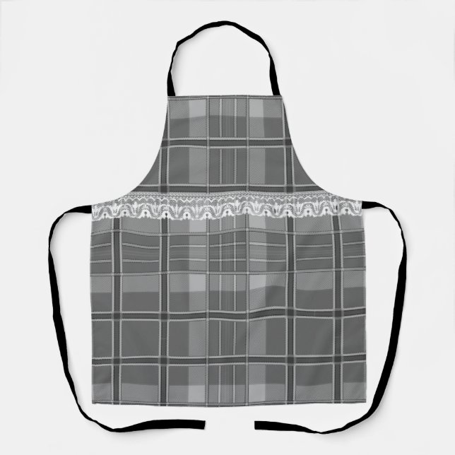 Tablier Plaid et dentelle noir blanc gris gris mignon cein (Recto)
