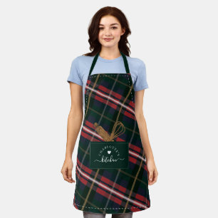 Tablier Poche rouge vert plaid et cuillère en bois & Whisk