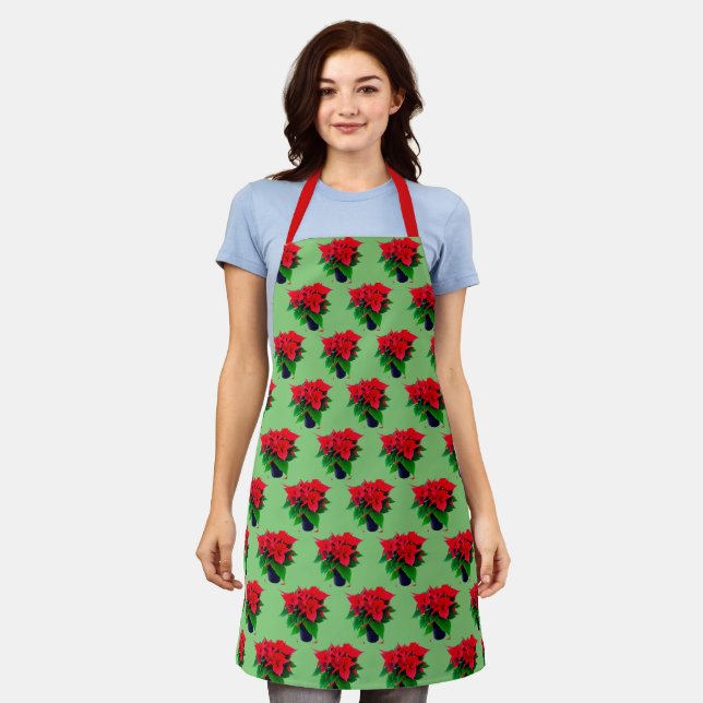 Tablier Poinsettia vert et rouge Motif Plante Pot sur vert (Porté)