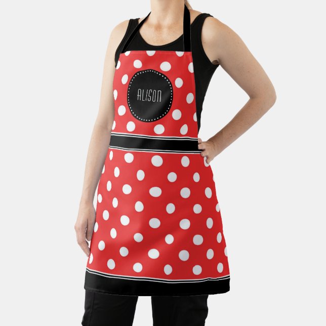 Tablier Pois rouge et blanc avec monogramme noir (Insitu)