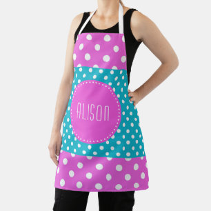 Tablier Pois turquoise et blanc avec monogramme rose
