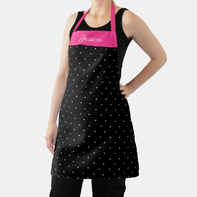 Tablier Polka noir et blanc Pointe rouge Nom personnalisé (Insitu)