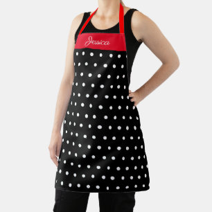 Tablier Polka noir et blanc Pointe rouge Nom personnalisé
