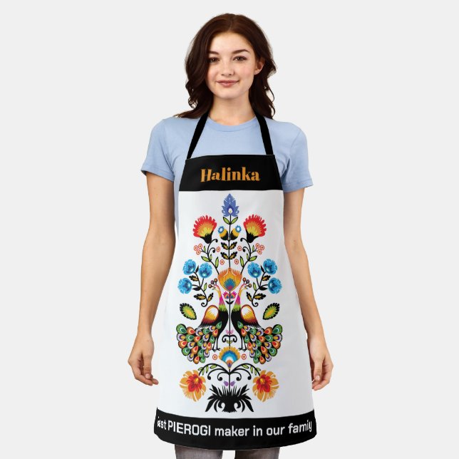 Tablier Polonais Folklore avec paons, texte personnalisé A (Porté)