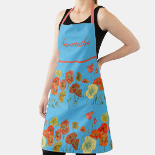 Tablier Poppies de pavot Aquarelle rouge Apron bleu floral
