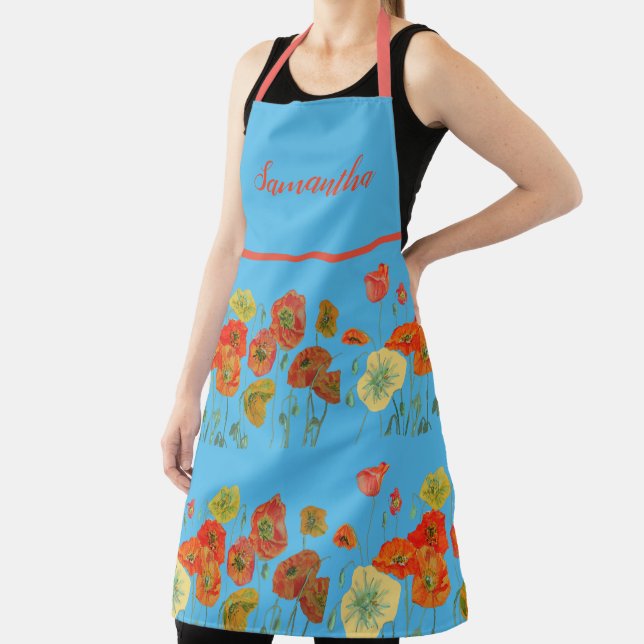 Tablier Poppies de pavot Aquarelle rouge Apron bleu floral (Insitu)