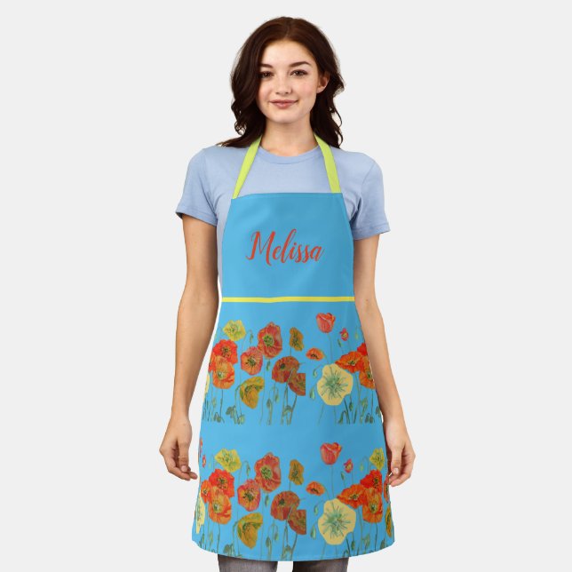 Tablier Poppies de pavot Aquarelle rouge Apron bleu floral (Porté)
