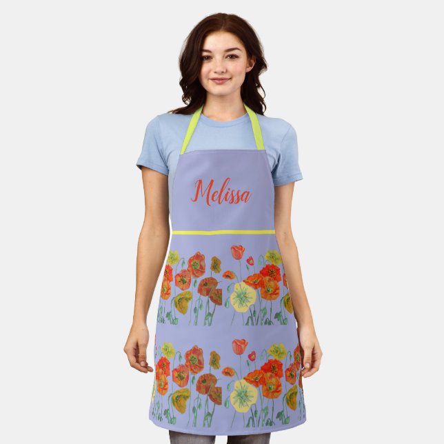 Tablier Poppies de pavot Aquarelle rouge Lilac Apron flora (Porté)