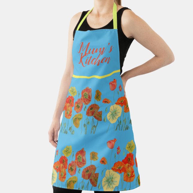 Tablier Poppies de pavot Rouge Aquarelle maman Bleu Floral (Insitu)