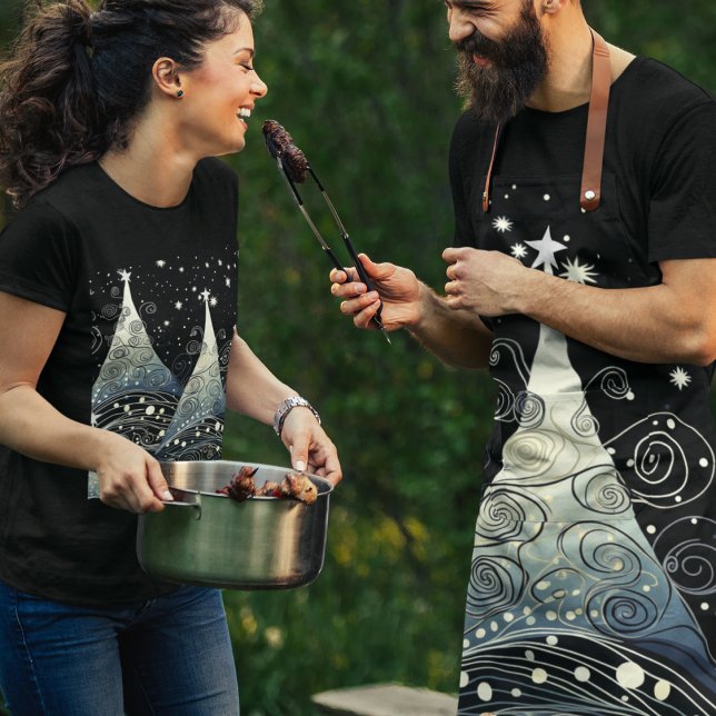 Tablier Poster des arbres de Noël et de Noël (Festive twilight holiday aprons and shirts for the Christmas season.  Whimsical and cute!)