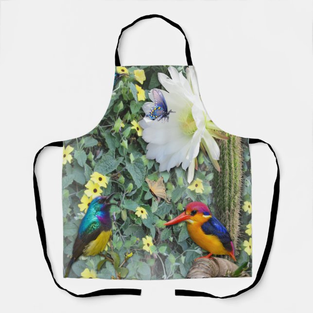 Tablier Poster en bois de Cactus Fleur et Oiseaux (Recto)
