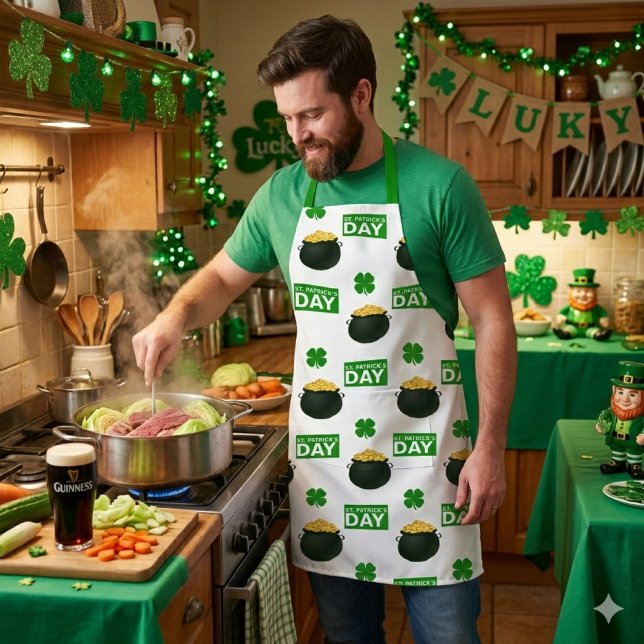 Tablier Pot d'or Chanceux jour de la Saint-Patrick Irlanda (St. Patrick's Day apron for guys that love to cook..(AI mockup) )