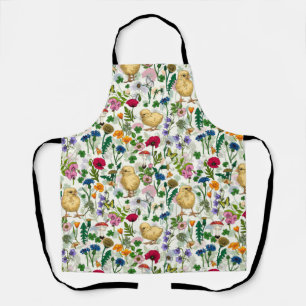 Tablier Poulets et fleurs sauvages sur blanc cassé