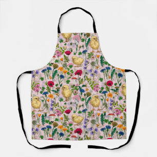 Tablier Poulets et fleurs sauvages sur coton bonbon rose